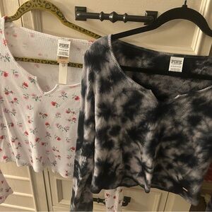 Pink Victoria's Secret Black & Gray Tie Dye & Floral Waffle crop shirts